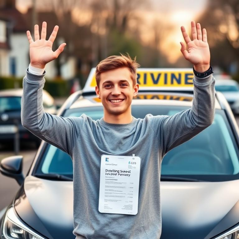 Geslaagde leerling viert zijn rijbewijs met triomf