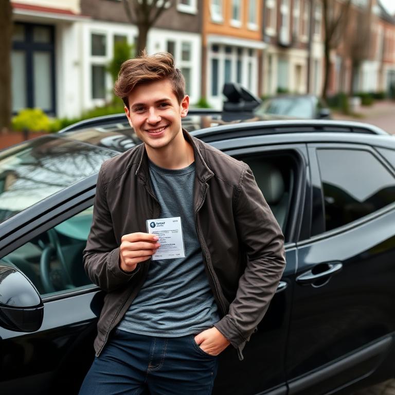 Ontspannen leerling toont trots zijn behaalde rijbewijs